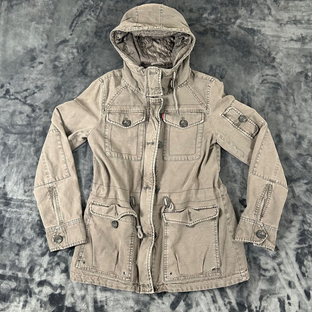 Levi's Field Jacket Womens Small Brown Hooded Quilted Utility Coat D-008